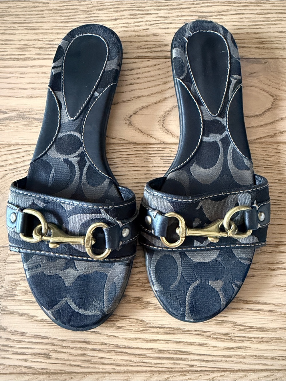 COACH Black Slide Sandals with Gold Buckle Detail - Picture 8 of 9